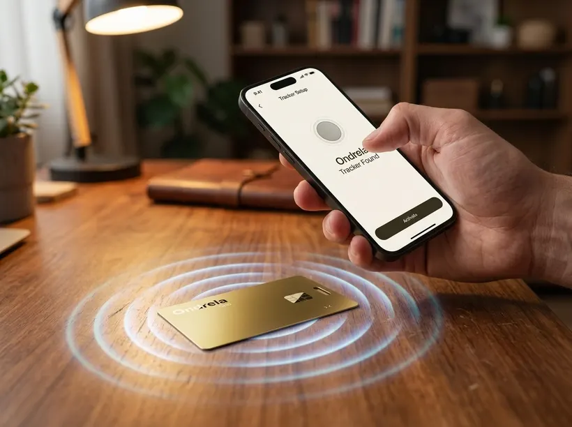 Main tenant un t&eacute;l&eacute;phone qui appaire la carte Ondrela sur un bureau