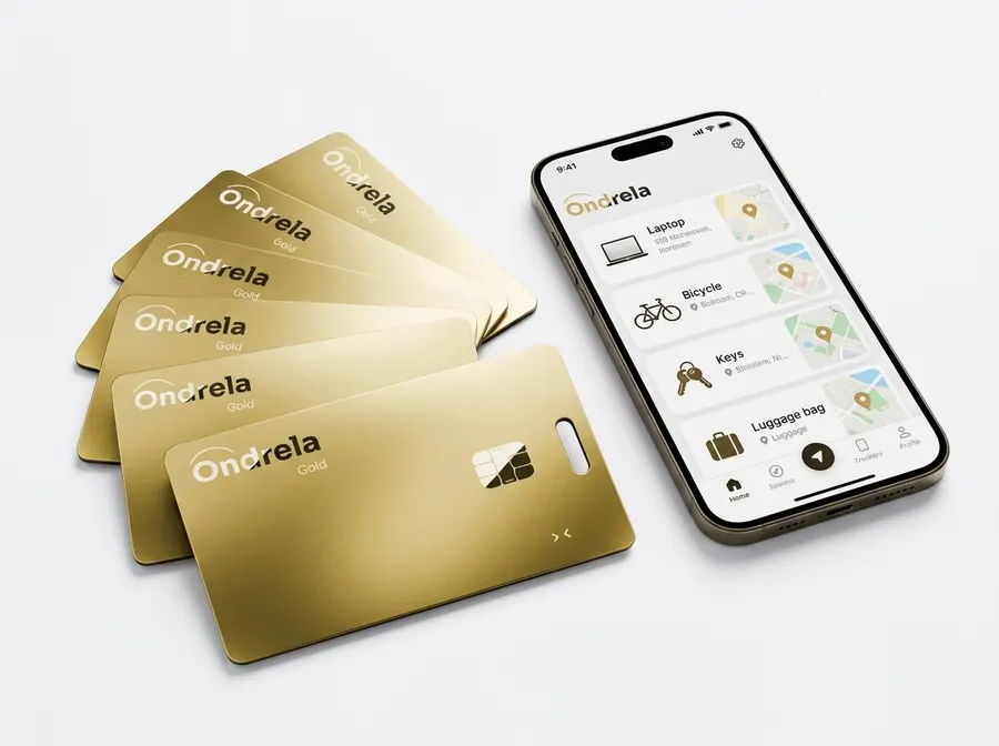 Pack de cartes traceur Ondrela dor&eacute;es &agrave; c&ocirc;t&eacute; d'un t&eacute;l&eacute;phone affichant l'application de suivi