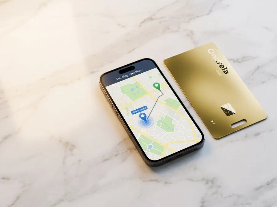 Carte traceur Ondrela dor&eacute;e &agrave; c&ocirc;t&eacute; d'un t&eacute;l&eacute;phone affichant sa position sur une carte